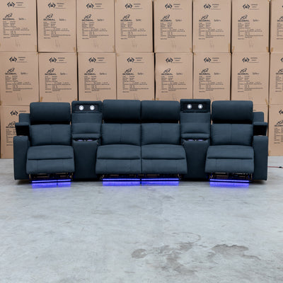 The Xanadu 4 Recliner Dual Motor Electric Theatre Lounge - Black Rhino Suede available to purchase from Warehouse Furniture Clearance at our next sale event.