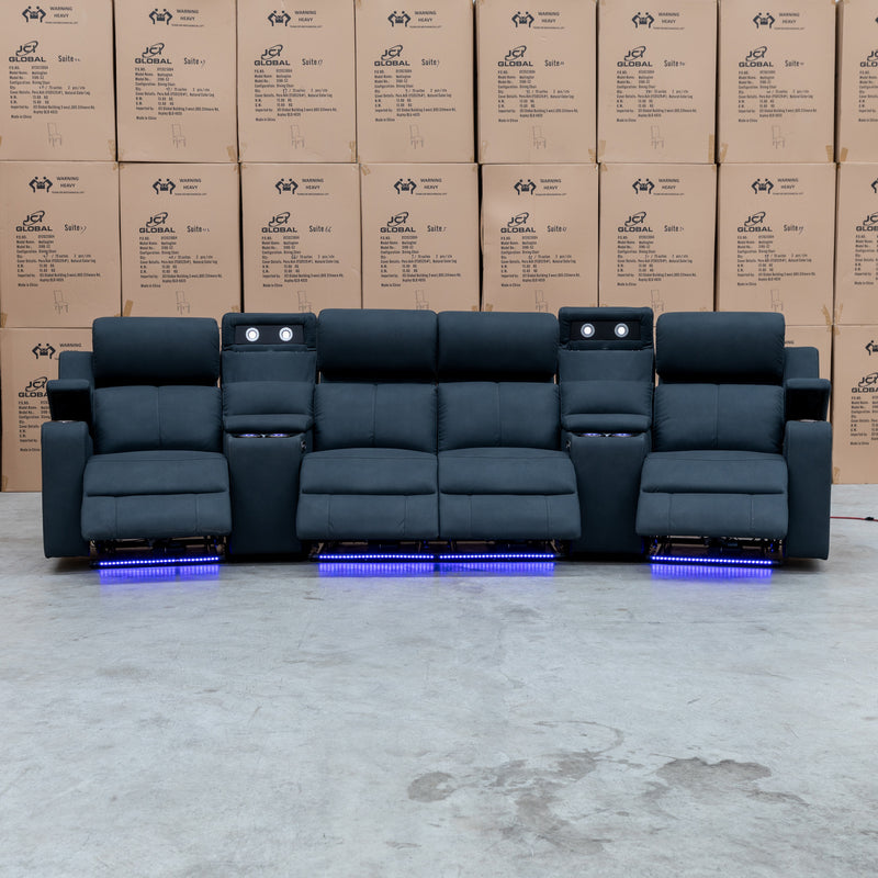 The Xanadu 4 Recliner Dual Motor Electric Theatre Lounge - Black Rhino Suede available to purchase from Warehouse Furniture Clearance at our next sale event.