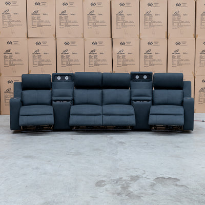 The Xanadu 4 Recliner Dual Motor Electric Theatre Lounge - Black Rhino Suede available to purchase from Warehouse Furniture Clearance at our next sale event.