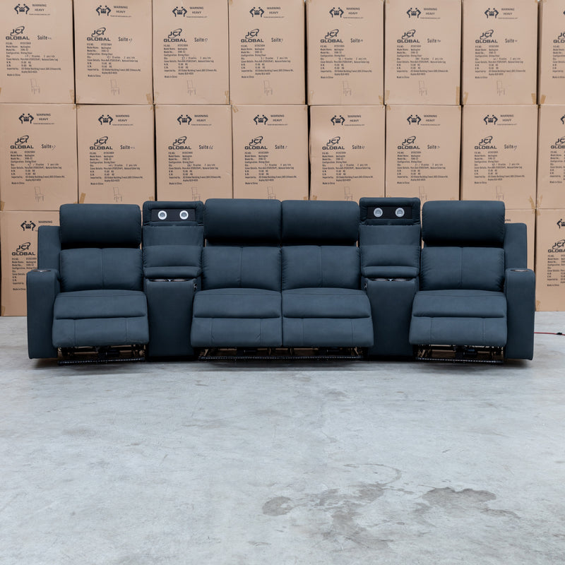 The Xanadu 4 Recliner Dual Motor Electric Theatre Lounge - Black Rhino Suede available to purchase from Warehouse Furniture Clearance at our next sale event.