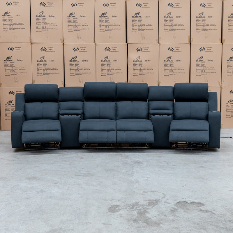 The Xanadu 4 Recliner Dual Motor Electric Theatre Lounge - Black Rhino Suede available to purchase from Warehouse Furniture Clearance at our next sale event.