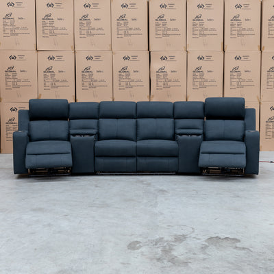 The Xanadu 4 Recliner Dual Motor Electric Theatre Lounge - Black Rhino Suede available to purchase from Warehouse Furniture Clearance at our next sale event.