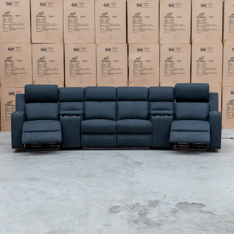 The Xanadu 4 Recliner Dual Motor Electric Theatre Lounge - Black Rhino Suede available to purchase from Warehouse Furniture Clearance at our next sale event.