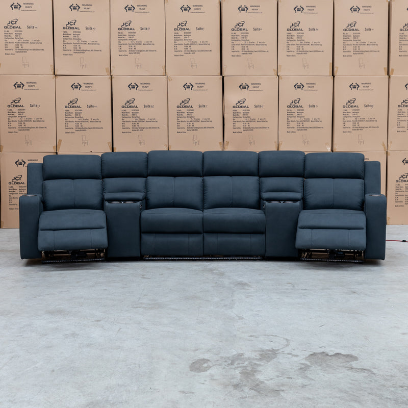 The Xanadu 4 Recliner Dual Motor Electric Theatre Lounge - Black Rhino Suede - Available After 15th November available to purchase from Warehouse Furniture Clearance at our next sale event.