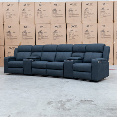 The Xanadu 4 Recliner Dual Motor Electric Theatre Lounge - Black Rhino Suede available to purchase from Warehouse Furniture Clearance at our next sale event.