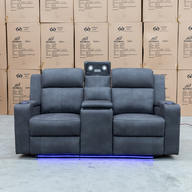 The Xanadu Two Seater Dual Motor Electric Recliner Theatre - Light Grey Rhino Suede available to purchase from Warehouse Furniture Clearance at our next sale event.