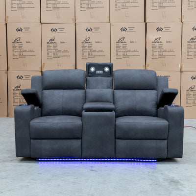 The Xanadu Two Seater Dual Motor Electric Recliner Theatre - Light Grey Rhino Suede available to purchase from Warehouse Furniture Clearance at our next sale event.