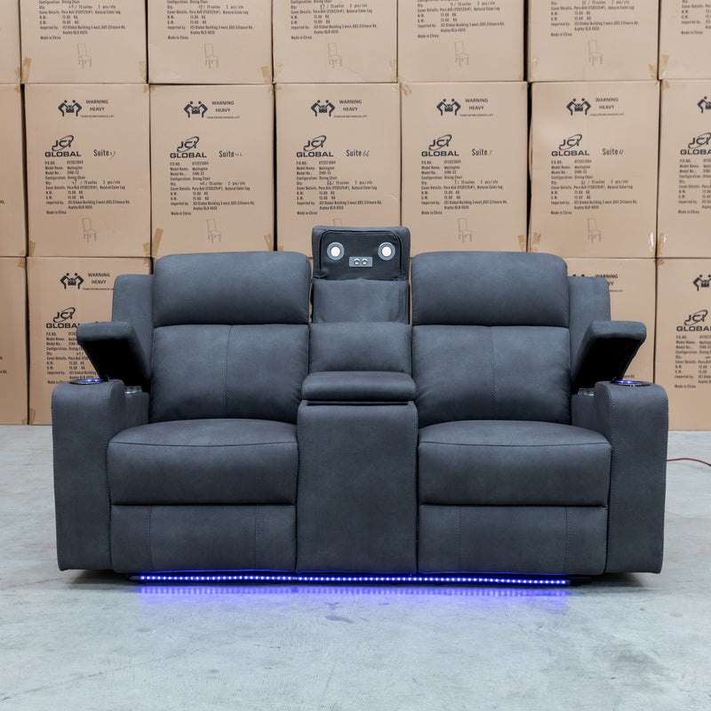 The Xanadu Two Seater Dual Motor Electric Recliner Theatre - Light Grey Rhino Suede available to purchase from Warehouse Furniture Clearance at our next sale event.