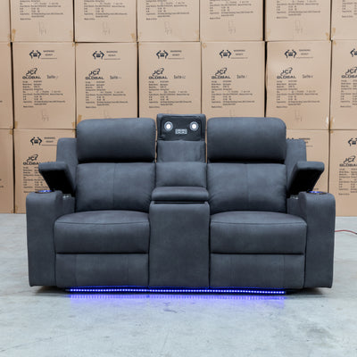 The Xanadu Two Seater Dual Motor Electric Recliner Theatre - Light Grey Rhino Suede available to purchase from Warehouse Furniture Clearance at our next sale event.