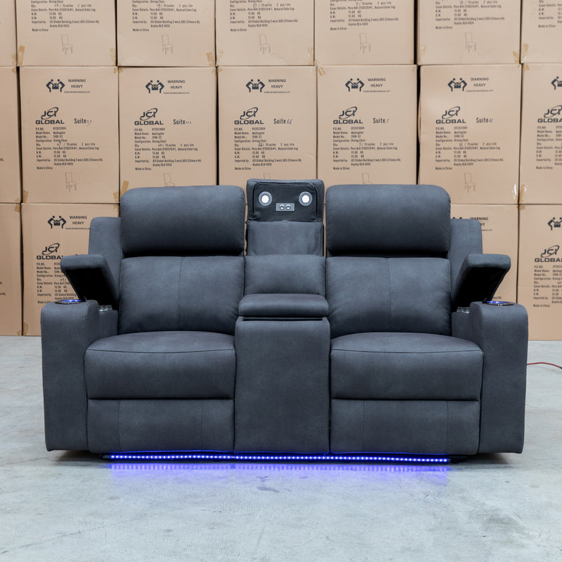 The Xanadu Two Seater Dual Motor Electric Recliner Theatre - Light Grey Rhino Suede available to purchase from Warehouse Furniture Clearance at our next sale event.
