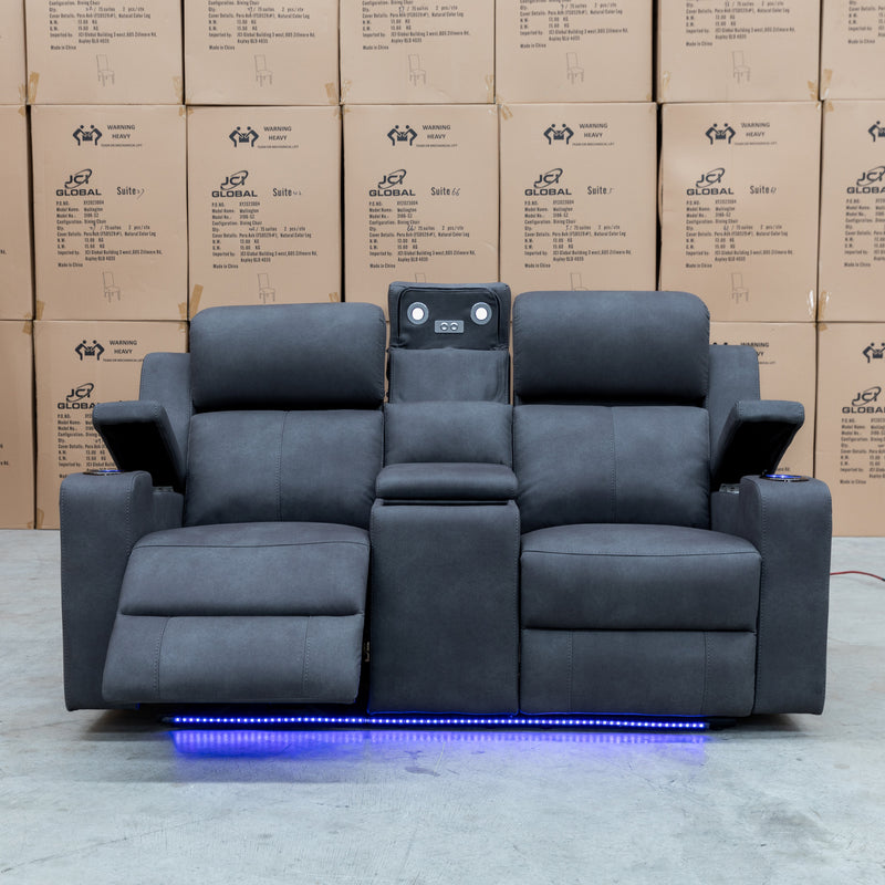 The Xanadu Two Seater Dual Motor Electric Recliner Theatre - Light Grey Rhino Suede available to purchase from Warehouse Furniture Clearance at our next sale event.