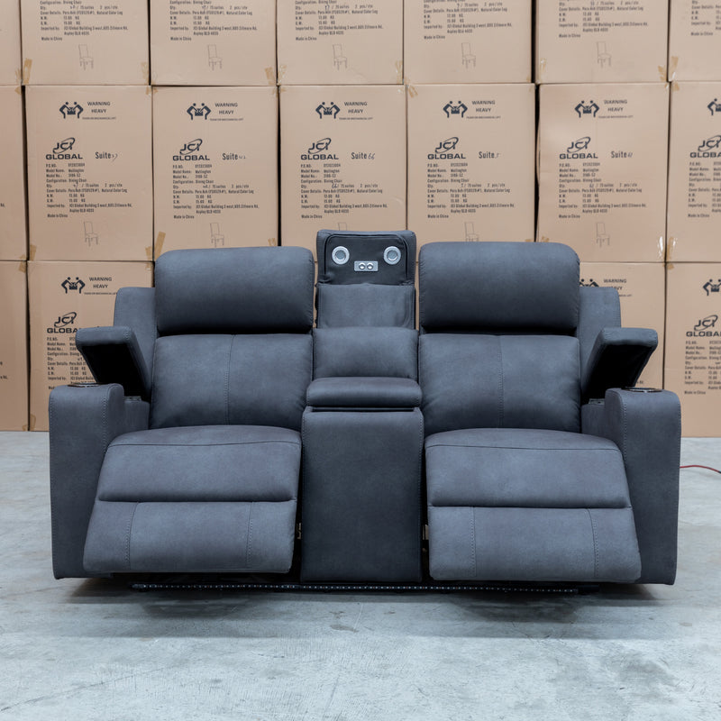 The Xanadu Two Seater Dual Motor Electric Recliner Theatre - Light Grey Rhino Suede available to purchase from Warehouse Furniture Clearance at our next sale event.