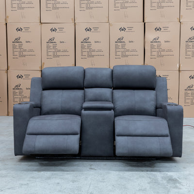 The Xanadu Two Seater Dual Motor Electric Recliner Theatre - Light Grey Rhino Suede available to purchase from Warehouse Furniture Clearance at our next sale event.