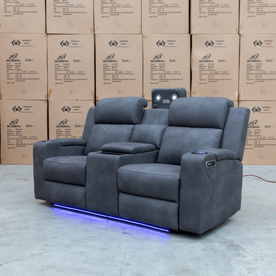 The Xanadu Two Seater Dual Motor Electric Recliner Theatre - Light Grey Rhino Suede available to purchase from Warehouse Furniture Clearance at our next sale event.