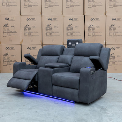 The Xanadu Two Seater Dual Motor Electric Recliner Theatre - Light Grey Rhino Suede - Available After 15th November available to purchase from Warehouse Furniture Clearance at our next sale event.