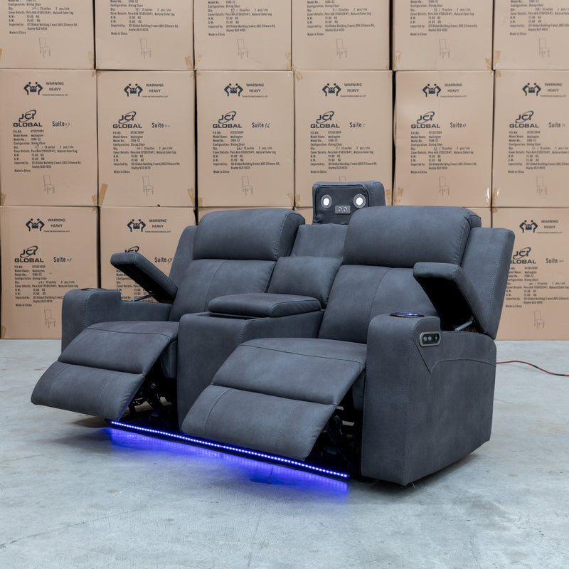 The Xanadu Two Seater Dual Motor Electric Recliner Theatre - Light Grey Rhino Suede - Available After 15th November available to purchase from Warehouse Furniture Clearance at our next sale event.