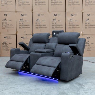 The Xanadu Two Seater Dual Motor Electric Recliner Theatre - Light Grey Rhino Suede - Available After 15th November available to purchase from Warehouse Furniture Clearance at our next sale event.