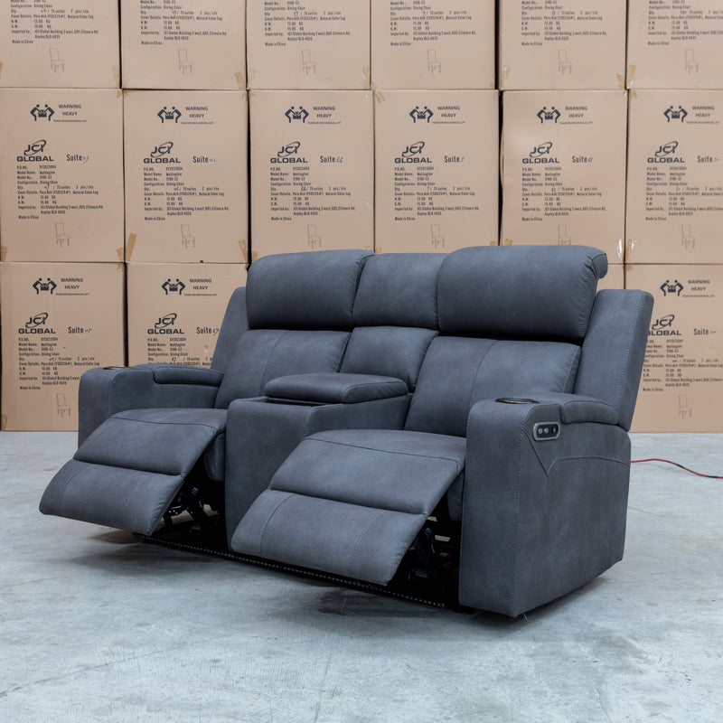 The Xanadu Two Seater Dual Motor Electric Recliner Theatre - Light Grey Rhino Suede - Available After 15th November available to purchase from Warehouse Furniture Clearance at our next sale event.