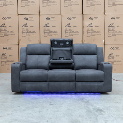 The Xanadu Three Seater Dual Motor Electric Recliner Lounge - Light Grey Rhino Suede available to purchase from Warehouse Furniture Clearance at our next sale event.
