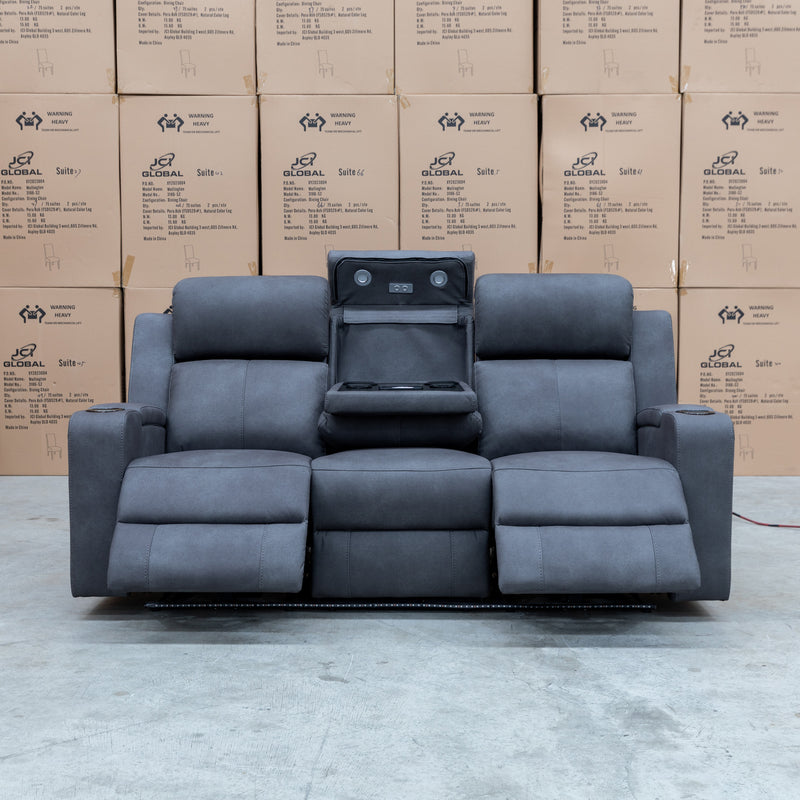 The Xanadu Three Seater Dual Motor Electric Recliner Lounge - Light Grey Rhino Suede available to purchase from Warehouse Furniture Clearance at our next sale event.
