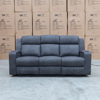 The Xanadu Three Seater Dual Motor Electric Recliner Lounge - Light Grey Rhino Suede available to purchase from Warehouse Furniture Clearance at our next sale event.