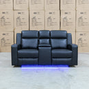 The Xanadu Two Seater Dual Motor Electric Recliner Theatre - Black Leather available to purchase from Warehouse Furniture Clearance at our next sale event.