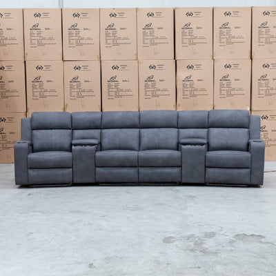 The Xanadu 4 Recliner Dual Motor Electric Theatre Lounge - Light Grey Rhino Suede available to purchase from Warehouse Furniture Clearance at our next sale event.