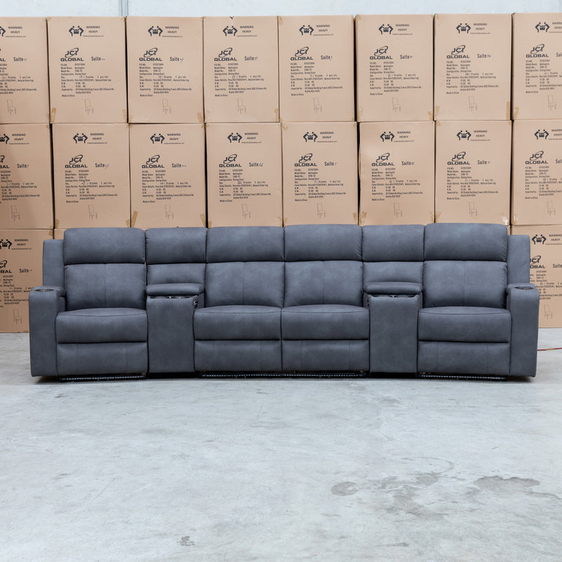 The Xanadu 4 Recliner Dual Motor Electric Theatre Lounge - Light Grey Rhino Suede available to purchase from Warehouse Furniture Clearance at our next sale event.