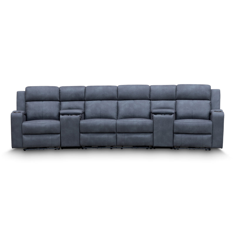 The Xanadu 4 Recliner Dual Motor Electric Theatre Lounge - Light Grey Rhino Suede available to purchase from Warehouse Furniture Clearance at our next sale event.