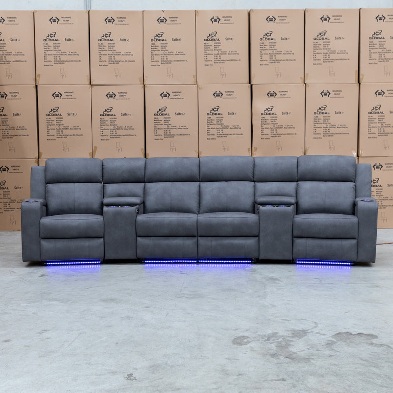 The Xanadu 4 Recliner Dual Motor Electric Theatre Lounge - Light Grey Rhino Suede available to purchase from Warehouse Furniture Clearance at our next sale event.