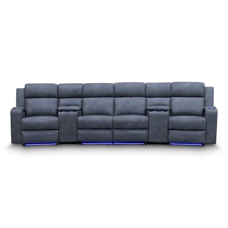 The Xanadu 4 Recliner Dual Motor Electric Theatre Lounge - Light Grey Rhino Suede available to purchase from Warehouse Furniture Clearance at our next sale event.