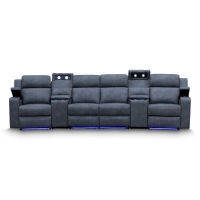 The Xanadu 4 Recliner Dual Motor Electric Theatre Lounge - Light Grey Rhino Suede available to purchase from Warehouse Furniture Clearance at our next sale event.
