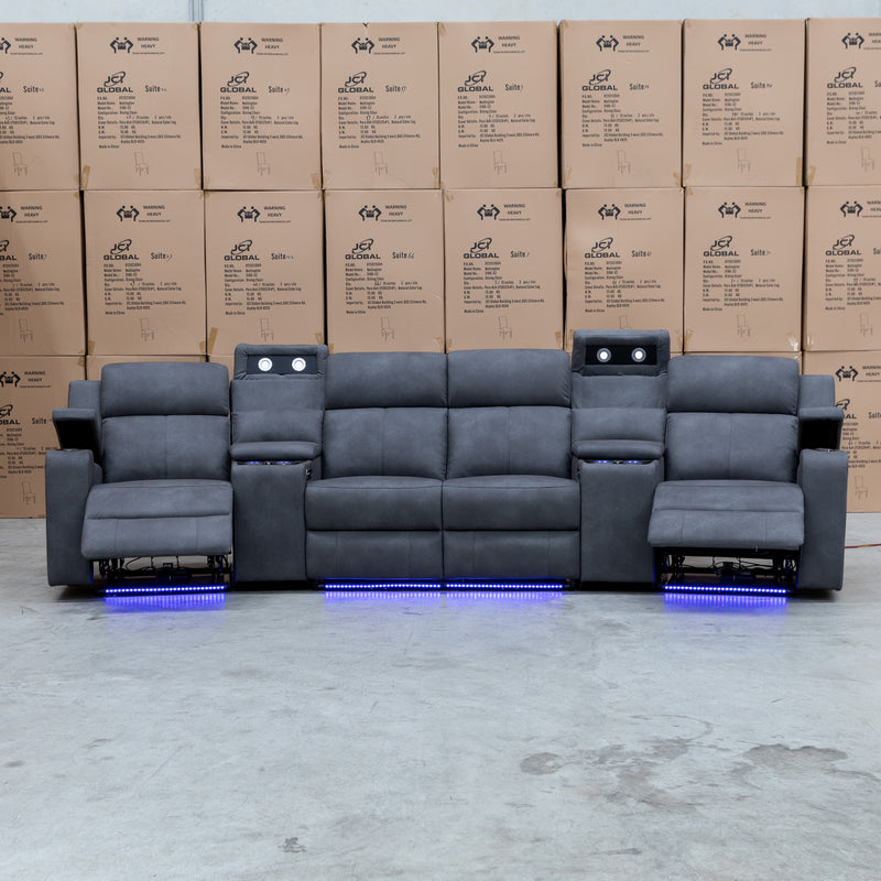 The Xanadu 4 Recliner Dual Motor Electric Theatre Lounge - Light Grey Rhino Suede available to purchase from Warehouse Furniture Clearance at our next sale event.