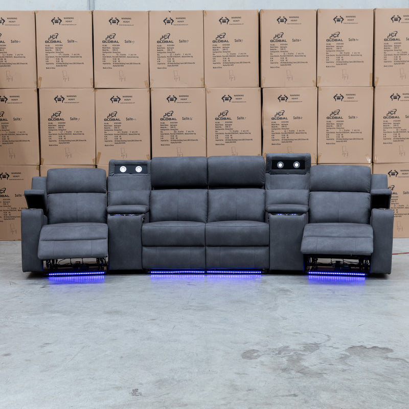 The Xanadu 4 Recliner Dual Motor Electric Theatre Lounge - Light Grey Rhino Suede available to purchase from Warehouse Furniture Clearance at our next sale event.