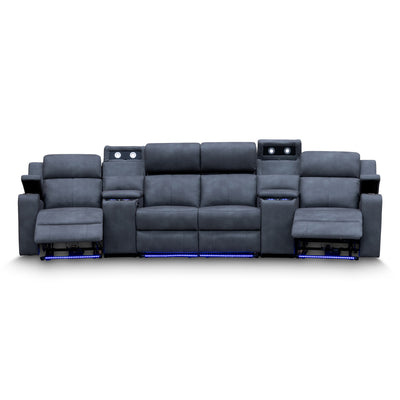 The Xanadu 4 Recliner Dual Motor Electric Theatre Lounge - Light Grey Rhino Suede available to purchase from Warehouse Furniture Clearance at our next sale event.