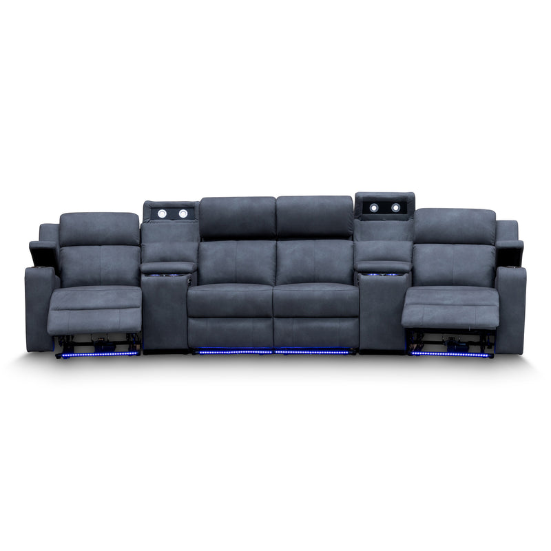 The Xanadu 4 Recliner Dual Motor Electric Theatre Lounge - Light Grey Rhino Suede available to purchase from Warehouse Furniture Clearance at our next sale event.
