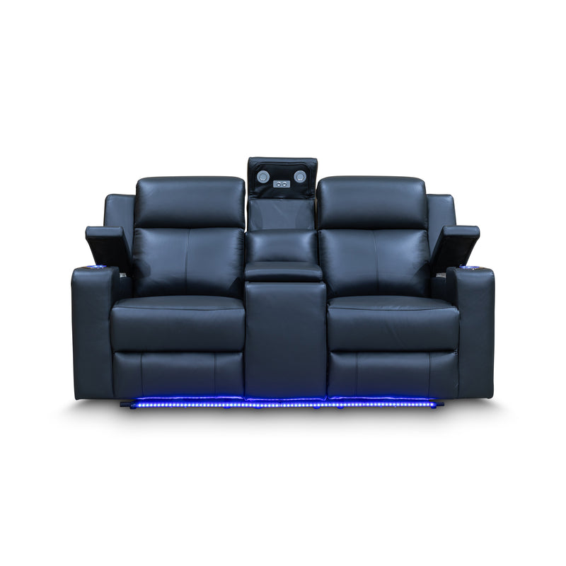 The Xanadu Two Seater Dual Motor Electric Recliner Theatre - Black Leather available to purchase from Warehouse Furniture Clearance at our next sale event.