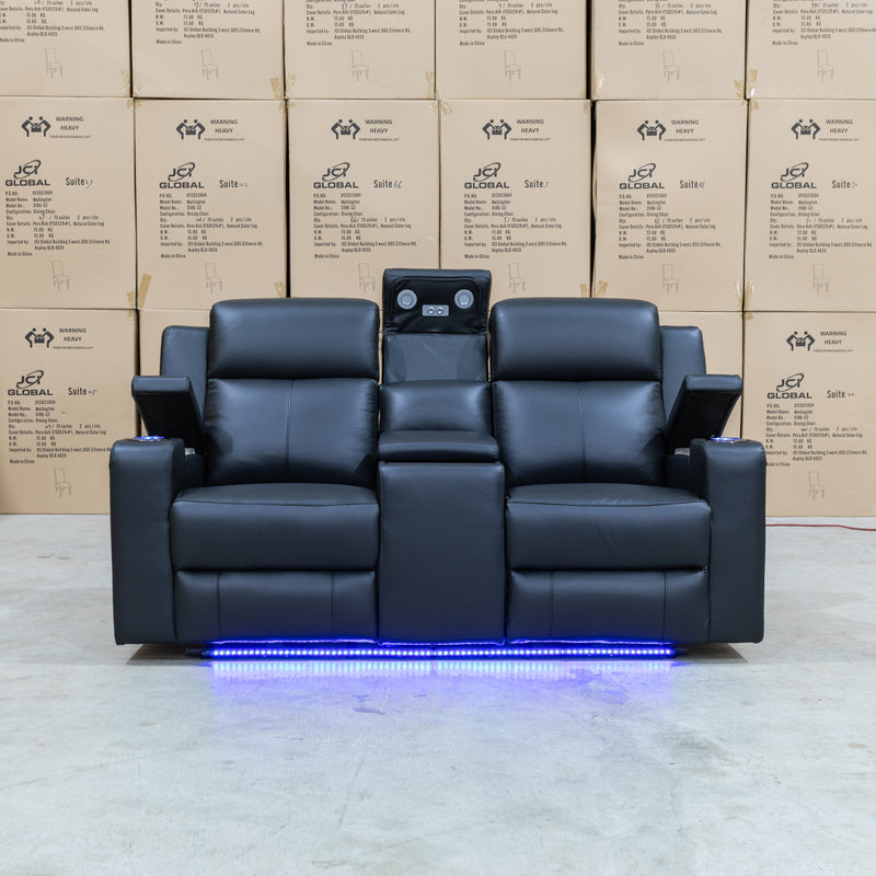 The Xanadu Two Seater Dual Motor Electric Recliner Theatre - Black Leather available to purchase from Warehouse Furniture Clearance at our next sale event.