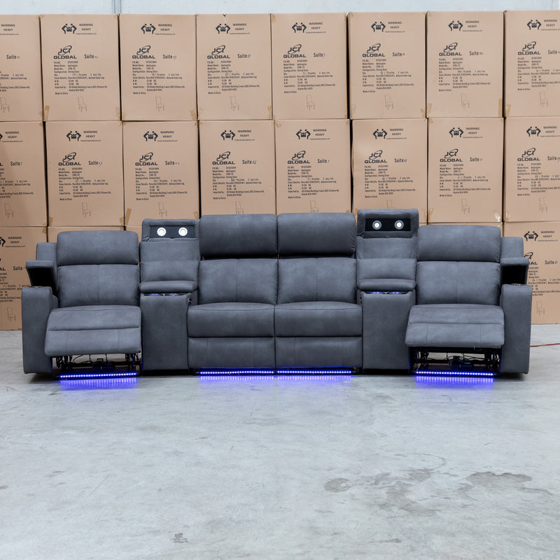 The Xanadu 4 Recliner Dual Motor Electric Theatre Lounge - Light Grey Rhino Suede available to purchase from Warehouse Furniture Clearance at our next sale event.