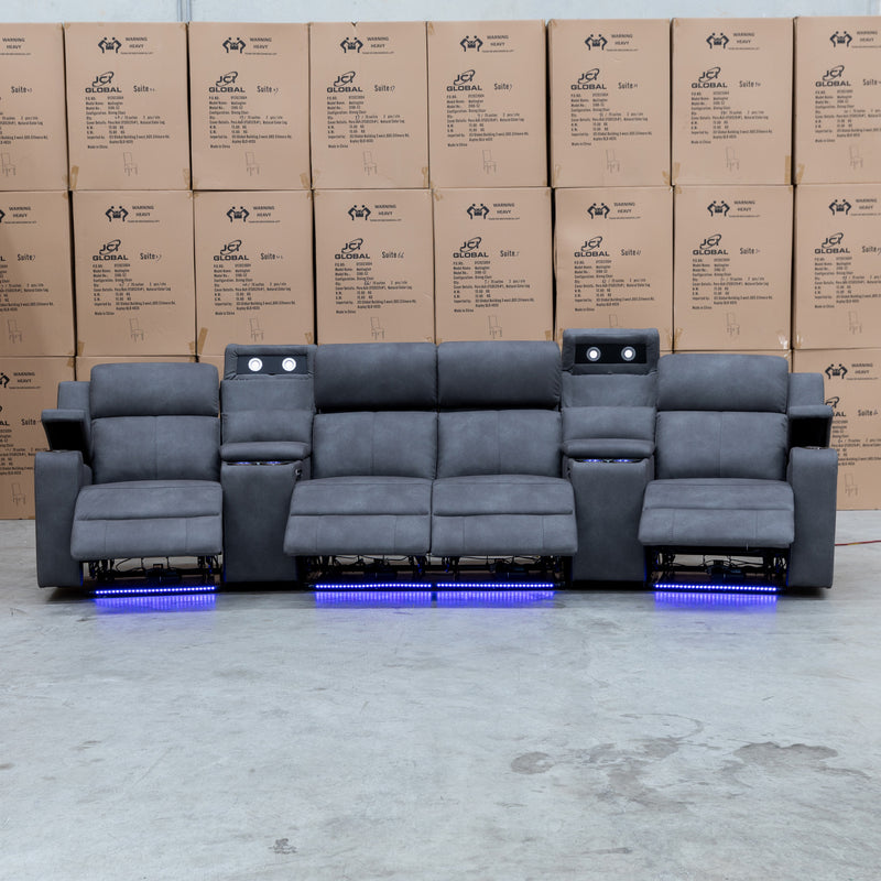 The Xanadu 4 Recliner Dual Motor Electric Theatre Lounge - Light Grey Rhino Suede available to purchase from Warehouse Furniture Clearance at our next sale event.