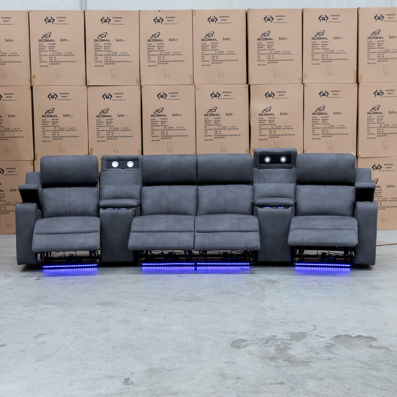 The Xanadu 4 Recliner Dual Motor Electric Theatre Lounge - Light Grey Rhino Suede available to purchase from Warehouse Furniture Clearance at our next sale event.