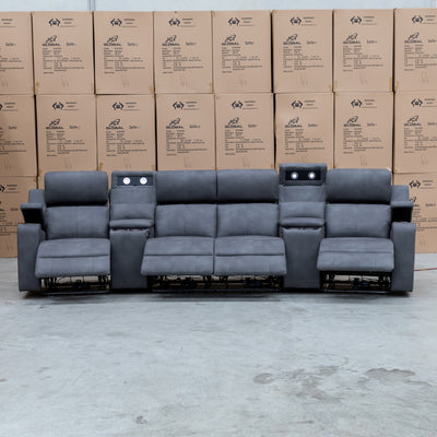 The Xanadu 4 Recliner Dual Motor Electric Theatre Lounge - Light Grey Rhino Suede available to purchase from Warehouse Furniture Clearance at our next sale event.