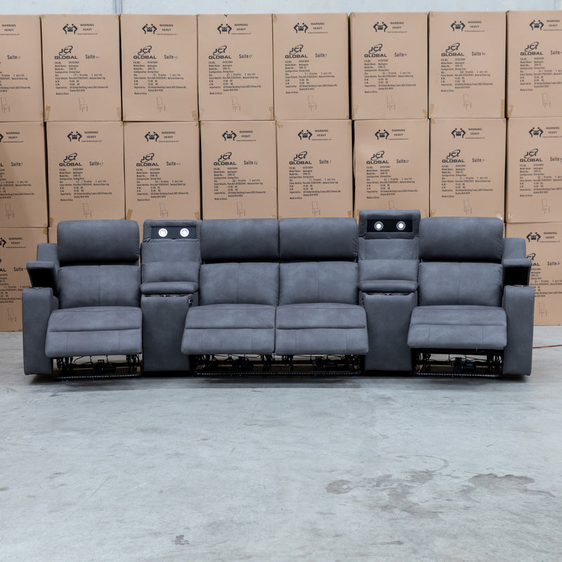 The Xanadu 4 Recliner Dual Motor Electric Theatre Lounge - Light Grey Rhino Suede available to purchase from Warehouse Furniture Clearance at our next sale event.