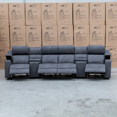 The Xanadu 4 Recliner Dual Motor Electric Theatre Lounge - Light Grey Rhino Suede available to purchase from Warehouse Furniture Clearance at our next sale event.
