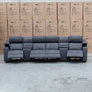 The Xanadu 4 Recliner Dual Motor Electric Theatre Lounge - Light Grey Rhino Suede available to purchase from Warehouse Furniture Clearance at our next sale event.