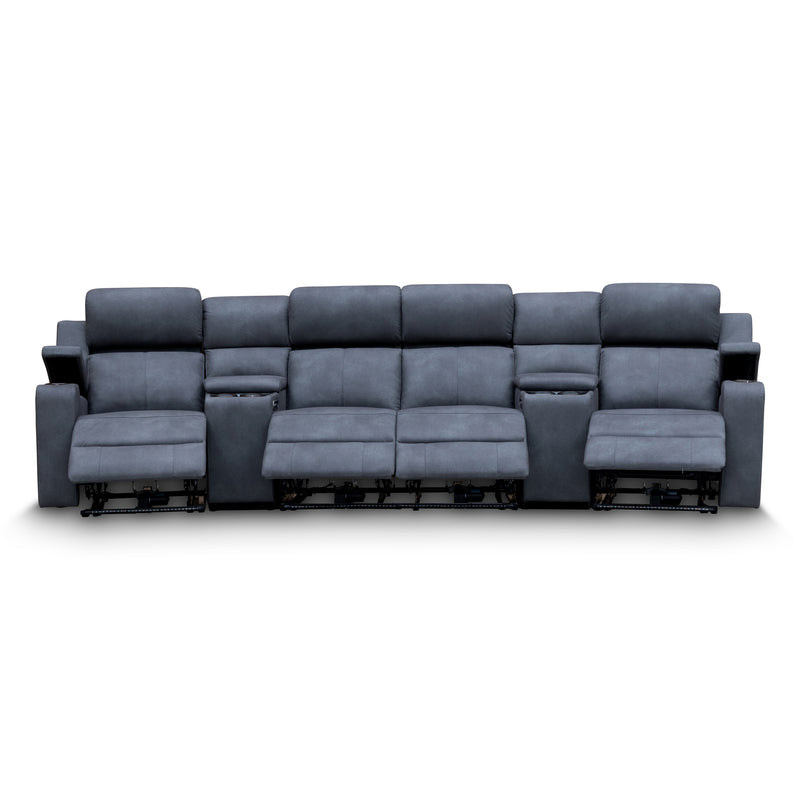 The Xanadu 4 Recliner Dual Motor Electric Theatre Lounge - Light Grey Rhino Suede available to purchase from Warehouse Furniture Clearance at our next sale event.