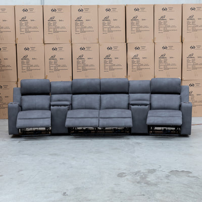 The Xanadu 4 Recliner Dual Motor Electric Theatre Lounge - Light Grey Rhino Suede available to purchase from Warehouse Furniture Clearance at our next sale event.