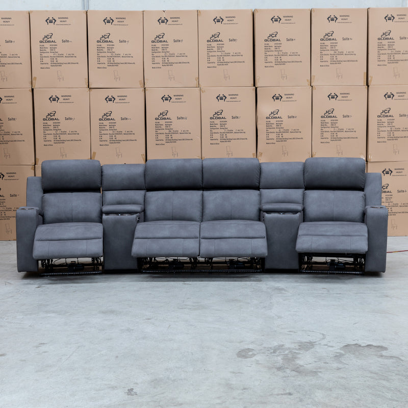 The Xanadu 4 Recliner Dual Motor Electric Theatre Lounge - Light Grey Rhino Suede available to purchase from Warehouse Furniture Clearance at our next sale event.