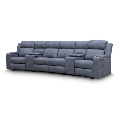 The Xanadu 4 Recliner Dual Motor Electric Theatre Lounge - Light Grey Rhino Suede available to purchase from Warehouse Furniture Clearance at our next sale event.