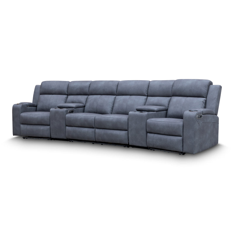 The Xanadu 4 Recliner Dual Motor Electric Theatre Lounge - Light Grey Rhino Suede available to purchase from Warehouse Furniture Clearance at our next sale event.